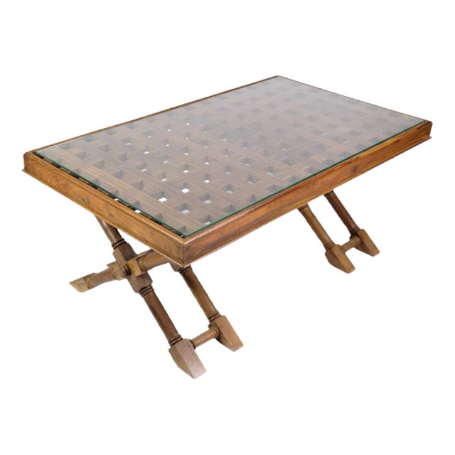 Dark Wood Coffee Table with Glass Top, 1960s For Sale