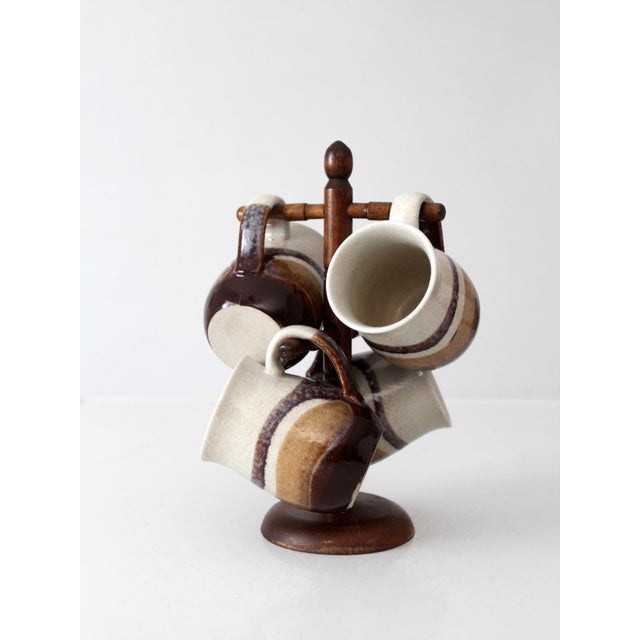 Farmhouse Vintage Handmade Studio Pottery Mug Set With Wooden Stand - Set of 5 For Sale - Image 3 of 17