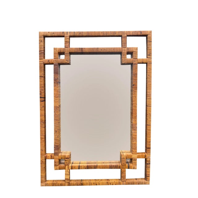 Vintage Large Rattan Wicker Wrapped Wall Mirror in Chippendale Chinoiserie Style Great design! Coastal boho chic design...