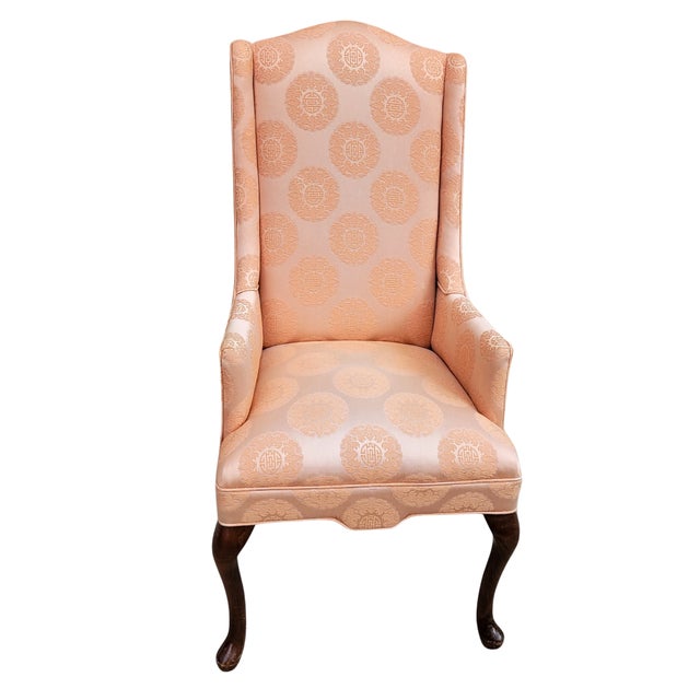 Chinoiserie Slender Queen Anne Wing Chair in Peach Silk Damask With Chinoiserie Medallions For Sale - Image 3 of 6