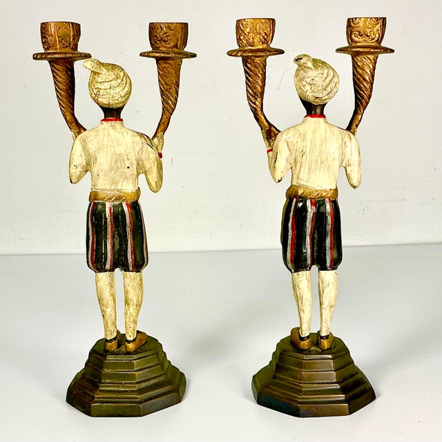 Early 1900s Antique Mediterranean Italian Venetian Moorish Painted Bronze Candelabras - A Pair For Sale - Image 13 of 17
