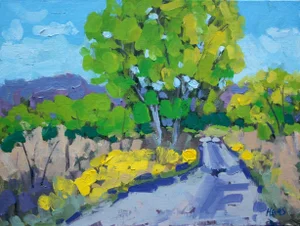 Rabbit Brush and Cottonwoods, (Expressionist Landscape)