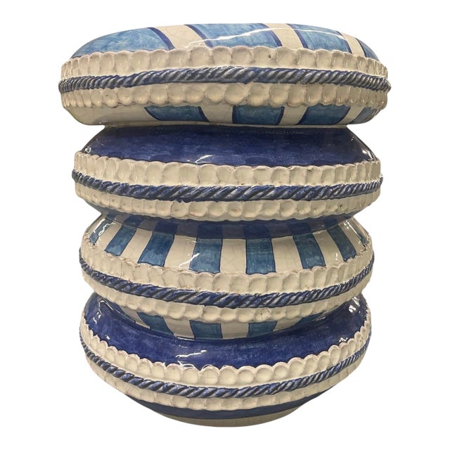 Chic Italian Contemporary Striped Ceramic Garden Stool / Side Table For Sale