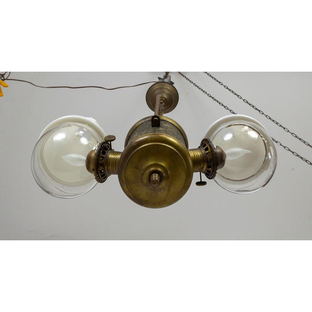 Late 19th Century Angle Lamp Co. Electrified Kerosene Brass & Glass 2Light Hanging Fixture