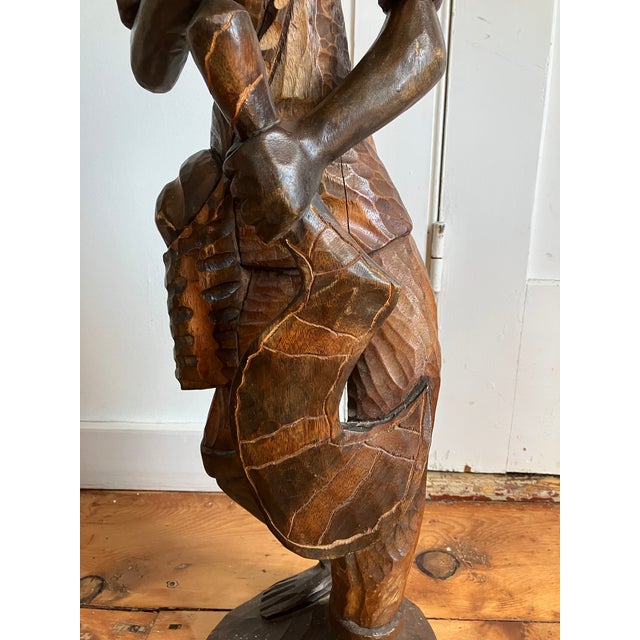 1970s Vintage Large Wooden Folk Art Carving/Statue of a Man With a Pipe For Sale - Image 5 of 12