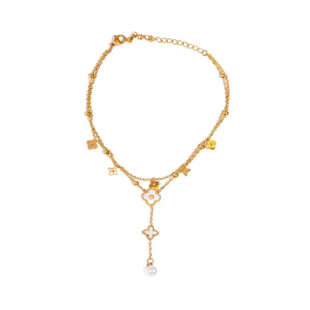 Floral Pearl Charm Gold Anklet For Sale - Image 4 of 5