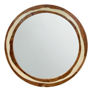 Currey & Co. Abstract Modern White Resin and Wood Round Wall Mirror For Sale