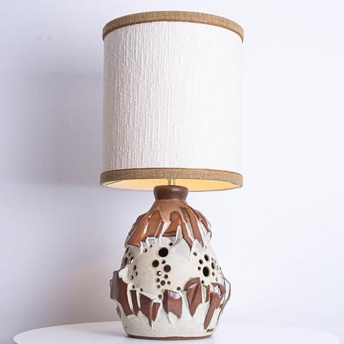 White Brique Ceramic Floor Table Lamp with Silk Lampshade attributed to R. Houben, 1970s For Sale - Image 12 of 13