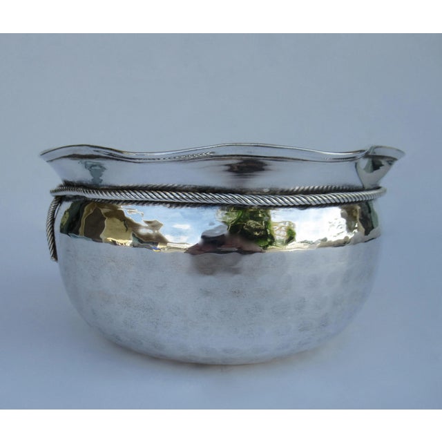 Vintage Mid-Century "Made in India" Hammered Silverplate Tassel Roped Cachepot/Decorative Center Bowl For Sale - Image 9 of 13