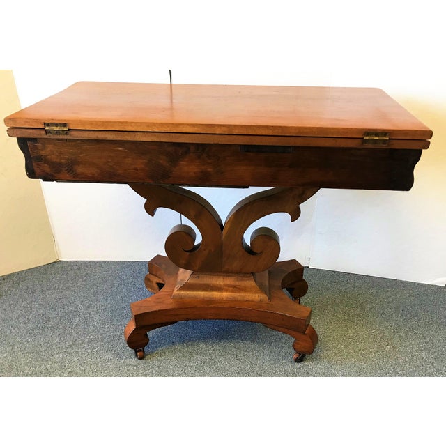 Antique Empire Era Burl Mahogany Swivel Top Game Table With Storage