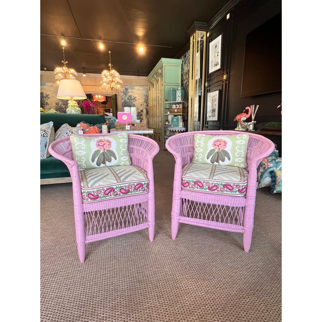 Pink Pair of Wicker Chairs with custom seat & lumbar cushion