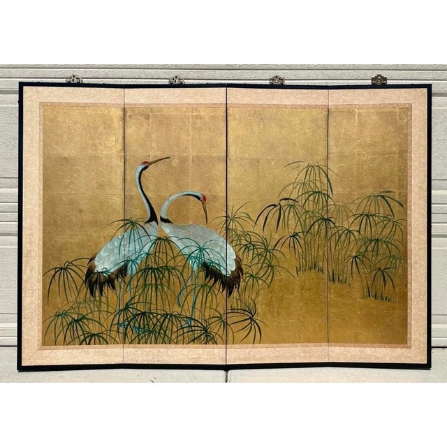 Early 20th Century Japanese Four-Fold Byobu Screen With Cranes and Young Bamboo For Sale In San Diego - Image 6 of 18
