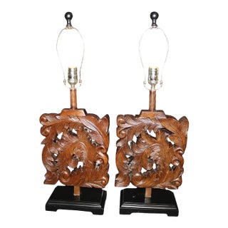 Mid 20th Century Wood Carved Lamps - Depicting Leaves - a Pair For Sale