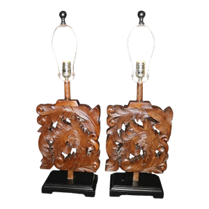 Mid 20th Century Wood Carved Lamps - Depicting Leaves - a Pair