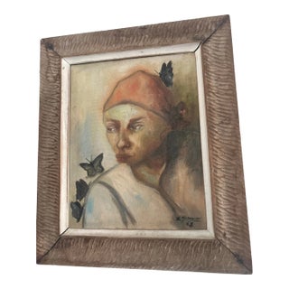 1960s Original Oil Painting by Eric Girault (1968) – Signed Haitian Portrait With Butterflies, Framed For Sale