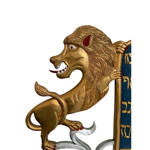 Rare Folk Art Hebrew Judaica Carved Gilded Wood Lions Torah Synagogue Sculpture, c.1920's-1940's For Sale - Image 16 of 18