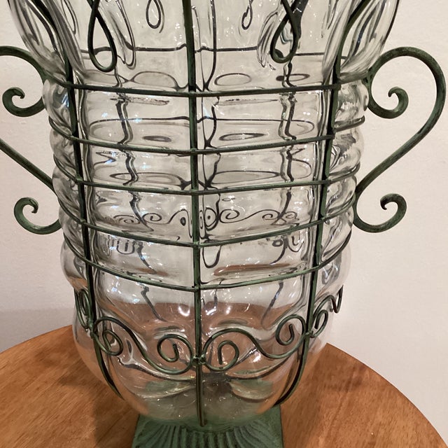 Transparent Large Hand Blown Caged Glass Footed Vase Wrought Iron Frame Scroll Handles For Sale - Image 8 of 12