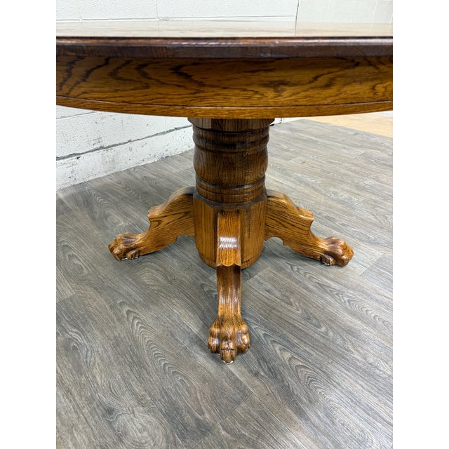 Vintage 48 Inch Round Quarter Sawn Oak Lion Paw Claw Foot Pedestal Dining Table For Sale - Image 10 of 16