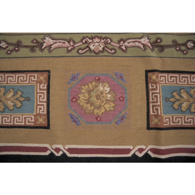 Textile 9x12 Vintage Aubusson Flat Weave Wool Rug, Neoclassical Compass Medallion For Sale - Image 7 of 12