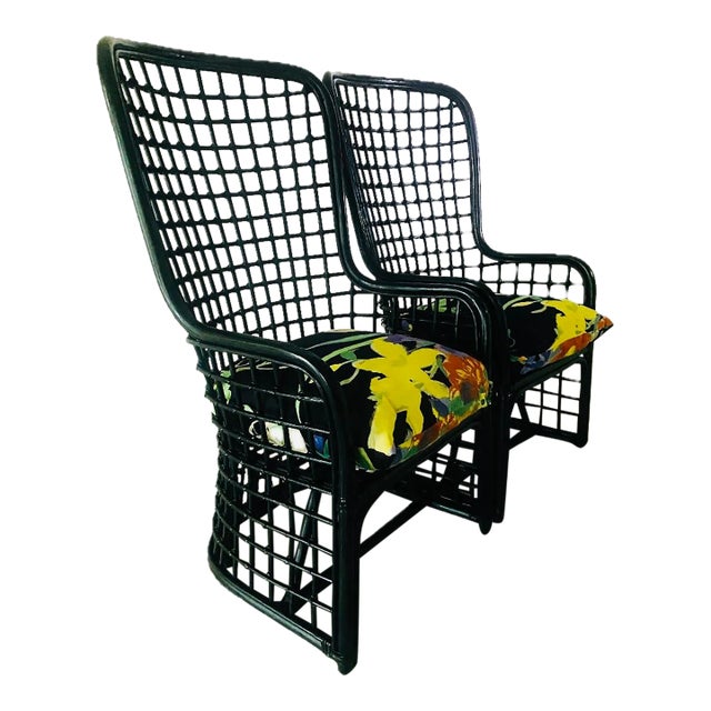 Midcentury Boho Chic Bamboo Wingback Armchairs in the Style of Henry Olko - A Pair For Sale