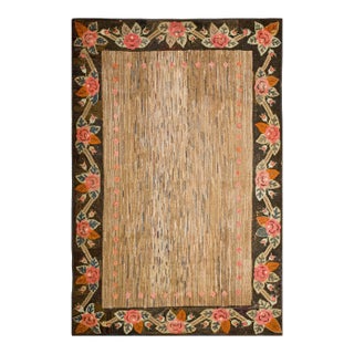 1930s Tan Camel Floral Folk Art Antique American Hooked Rug 6'0" X 8'10" Handknotted Wool Carpet For Sale