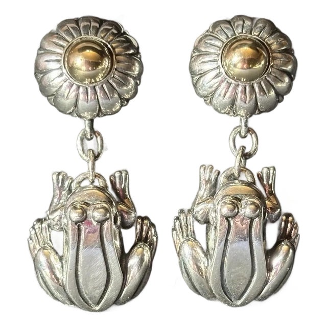 Barry Kieselstein Cord Sterling Silver 925 & 14k Gold Frog & Flower Dangle Earrings, Playful Pair. For Sale