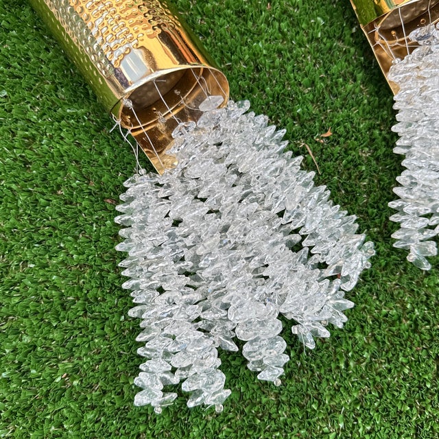 French 1970s Hand Hammered Gold Tube Hanging Crystal Pendant Lights - a Pair For Sale - Image 3 of 10