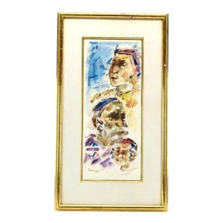 1970s Large Chaim Gross Original Watercolor Rabbi Man W/ Family Judaica Painting Art For Sale