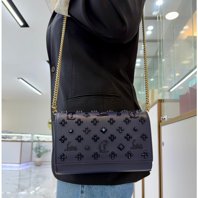 Christian Louboutin Paloma Navy Leather Spike Gold Hardware Crossbody Clutch Bag For Sale - Image 12 of 12