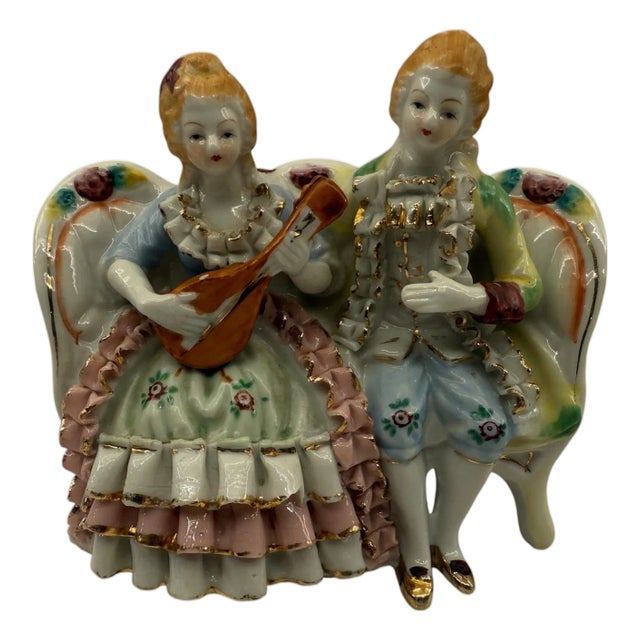 Early 20th Century Victorian Boy & Girl on Bench Bone China Figurine For Sale