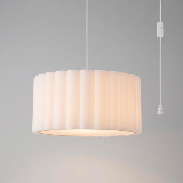 Scallop Pendant Swag Kit Light Fixure by Nova of California - Satin Nickel, Fabric Drum Shade For Sale In Los Angeles - Image 6 of 7