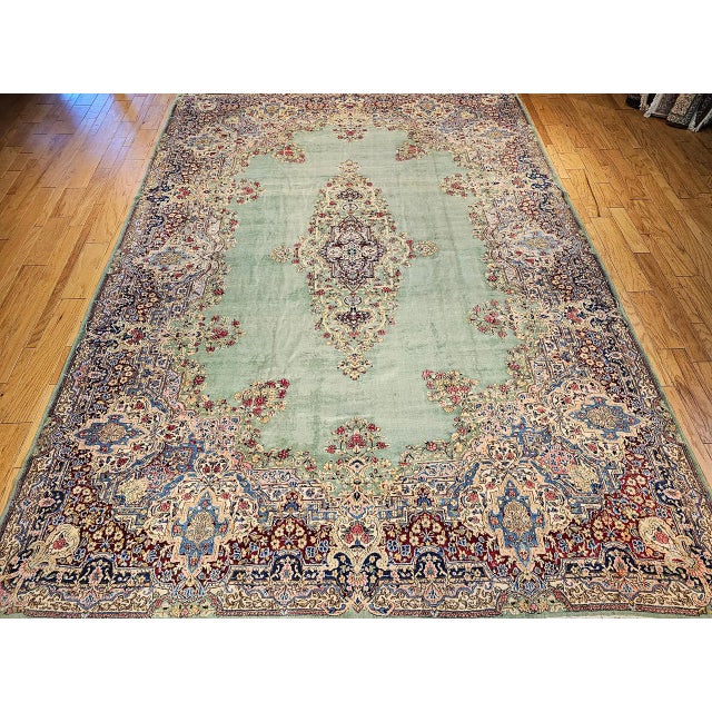 Textile Vintage Oversized Persian Kerman Rug, Hand-Knotted Wool, Floral Pattern, Pale Green & Red, 12x16 For Sale - Image 7 of 15