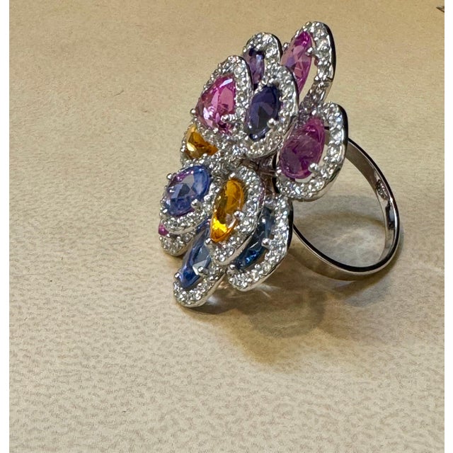 11 Ct Fine Multi Sapphire & 3 Ct Diamond Cocktail Flower Ring in 18 Kt Gold 6.5 For Sale - Image 17 of 18