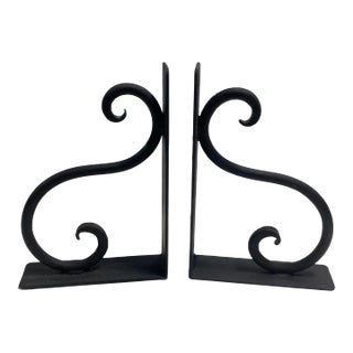 Vintage Black Wrought Iron Scroll Bookends, Large Pair For Sale
