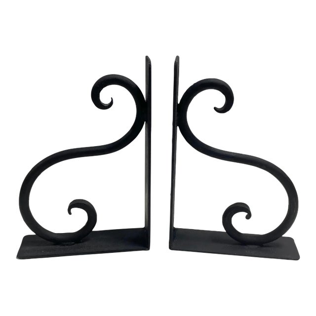 Vintage Black Wrought Iron Scroll Bookends, Large Pair For Sale
