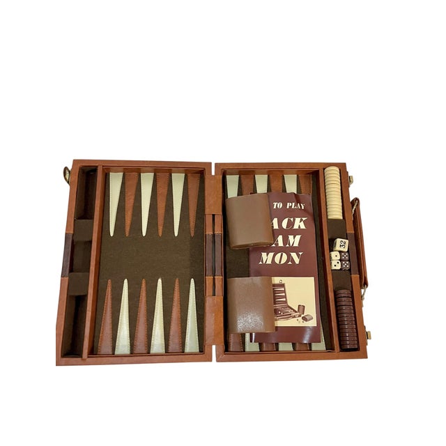 Vintage Mid-Century Cream and Brown Striped Backgammon Game Set in Travel Case For Sale - Image 6 of 9