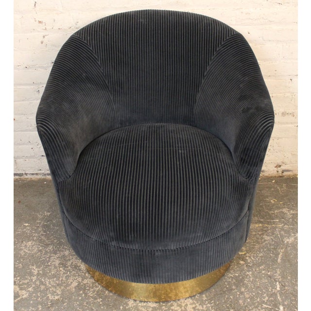 Blue Mid-Century Modern Blue Corduroy Barrel Swivel Chair and Ottoman For Sale - Image 8 of 13