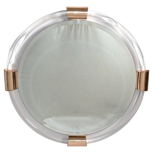 Mid-Century Modern 1980s Karl Springer Style Round Lucite Brass Beveled Wall Mirror Mid-Century Modern For Sale - Image 3 of 18