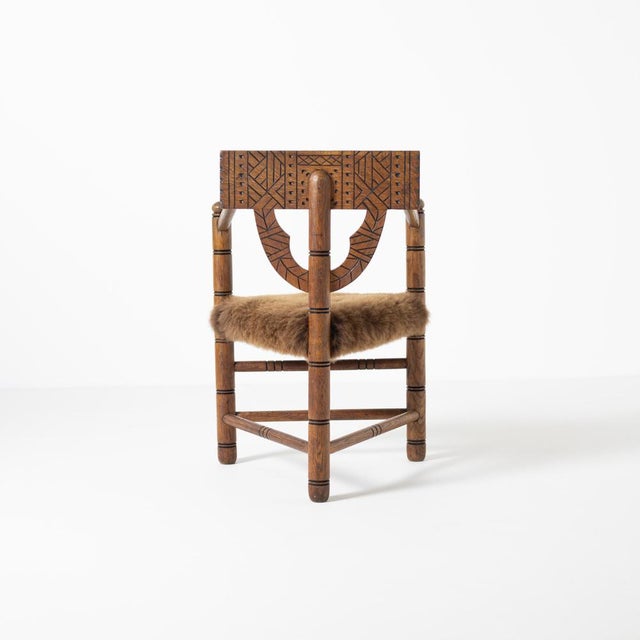 Wood Hand-Carved Monk Chair with Brown Sheepskin Upholstery, Sweden, 1960s For Sale - Image 7 of 9