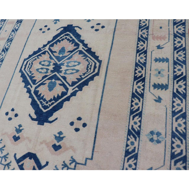 Blue, Cream & Green Vintage Oushak Rug With Geometric Medallion & Tribal Design 4'9 X 6'9 For Sale - Image 4 of 12