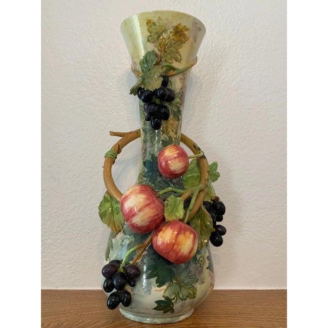 1960s Large Vase Majolica Pottery With Apple & Grapes Tree Branches For Sale - Image 13 of 13