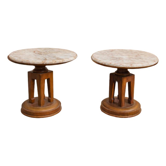Pair of Vintage Art Deco Marble-Top Pedestal Side Tables For Sale