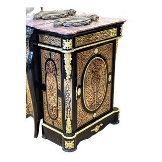 Grand Gothic Revival Display Cabinet – Ornate Black Finish With Marble Top & Gilded Gold Leaf Details For Sale