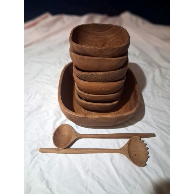 1960s Mid-Century Modern Teak Wood Salad Bowl Set - 9 pcs Hand Carved Thailand For Sale - Image 4 of 7