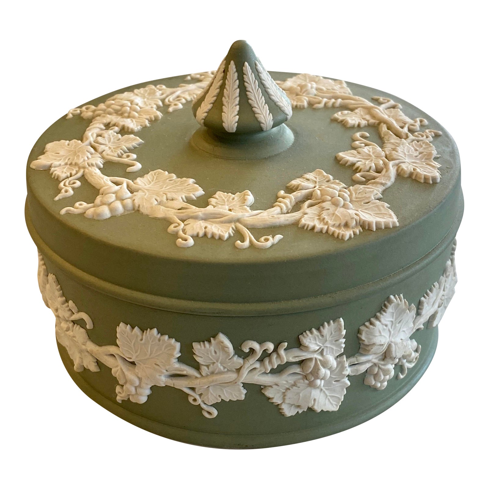 Vintage Wedgwood Green Jasperware Lidded Box With Laurel Finial, Made