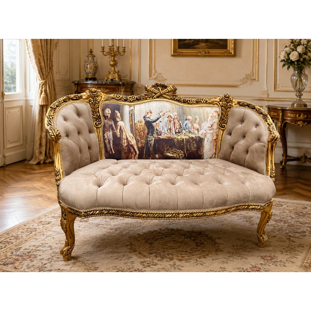An elegant 1970s French Louis XVI–style corbeille settee, beautifully restored with a carved beechwood frame, warm gilt...