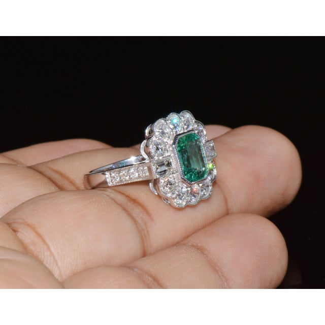 Green Gia Certified 2.53ct Natural Zambian Emerald & Diamond Halo Milgrain 18k White Gold Ring, Size 5 For Sale - Image 8 of 16