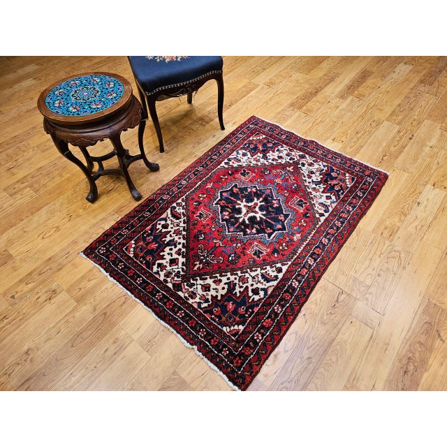 Vintage Persian Heriz Rug, Hand-Knotted Wool, Geometric Medallion Pattern, Red & Ivory, 3x5 For Sale In Chicago - Image 6 of 17