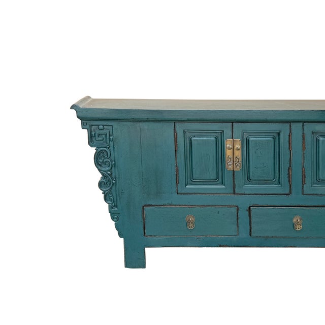 Asian Style Distressed Rustic Teal Blue Low Tv Console Table Cabinet For Sale - Image 10 of 16