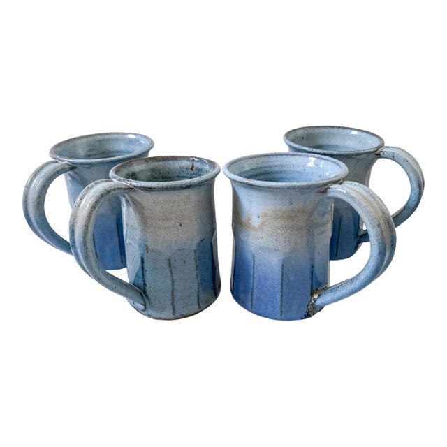1987 Blue Handmade Studio Pottery Shodai-Yaki Style Pint Mugs- Set of 4 For Sale